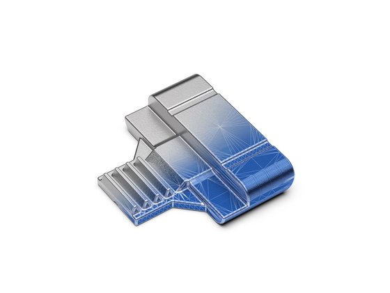 Produktabbildung eines Feingussbauteils, die zur Hälfte als Wireframe dargestellt ist.